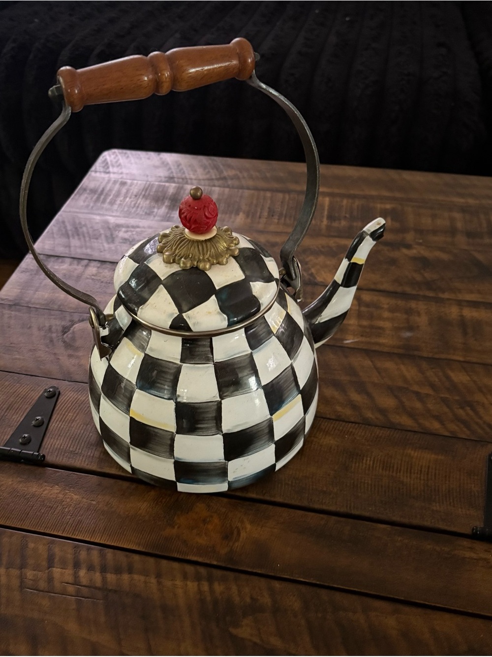 MacKenzie-Childs Black and White Checkered Kettle with Red Knob